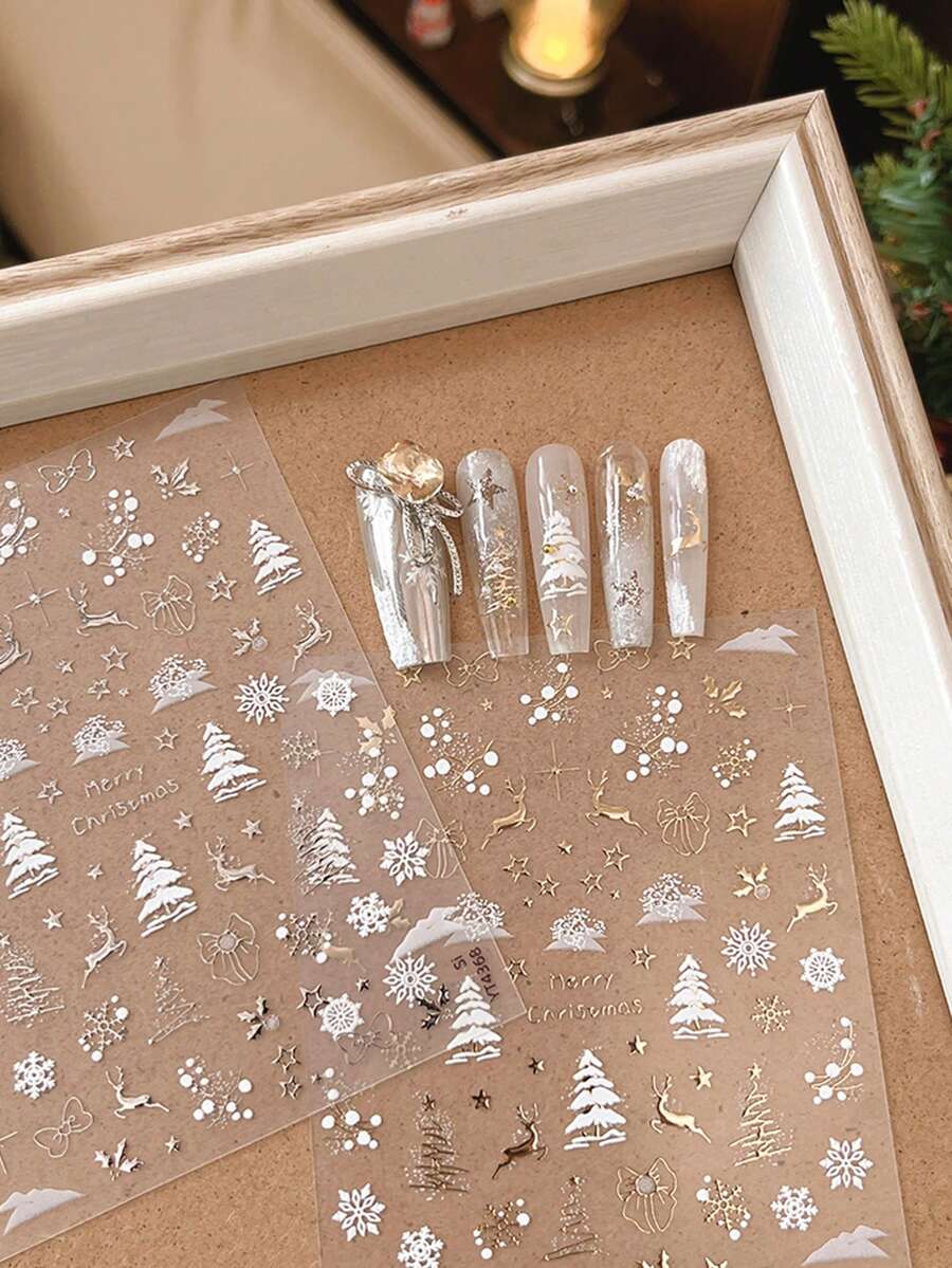 1 Tờ Giấy Dán Móng Tay Trang Trí Giáng Sinh, Hình Bông Tuyết & Tuần Lân 3D Dập Nổi Có Keo Dán - Nhiều màu - Xem 1