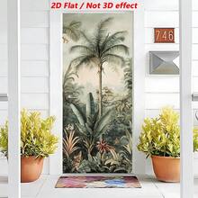 1/2件熱帶叢林門飾貼紙，自黏植物壁紙，綠色植物貼紙藝術印刷裝飾，牆面裝飾，棕櫚樹貼紙藝術，門飾海報，適用於居家、臥室、客廳和辦公室門飾，2D平面設計 - A - 查看 4