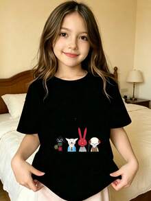 Four Cartoon Characters On Printed T-Shirt For Kids - 黑色 - 查看 7