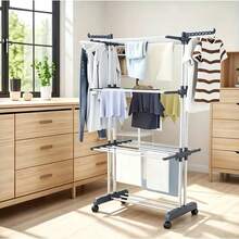 DecoDeco Tendedero Vertical Plegable con Ruedas, 4 Niveles en Blanco y Gris, Diseño Ultrapráctico para Mover y Guardar Sin Esfuerzo. - Ver 4