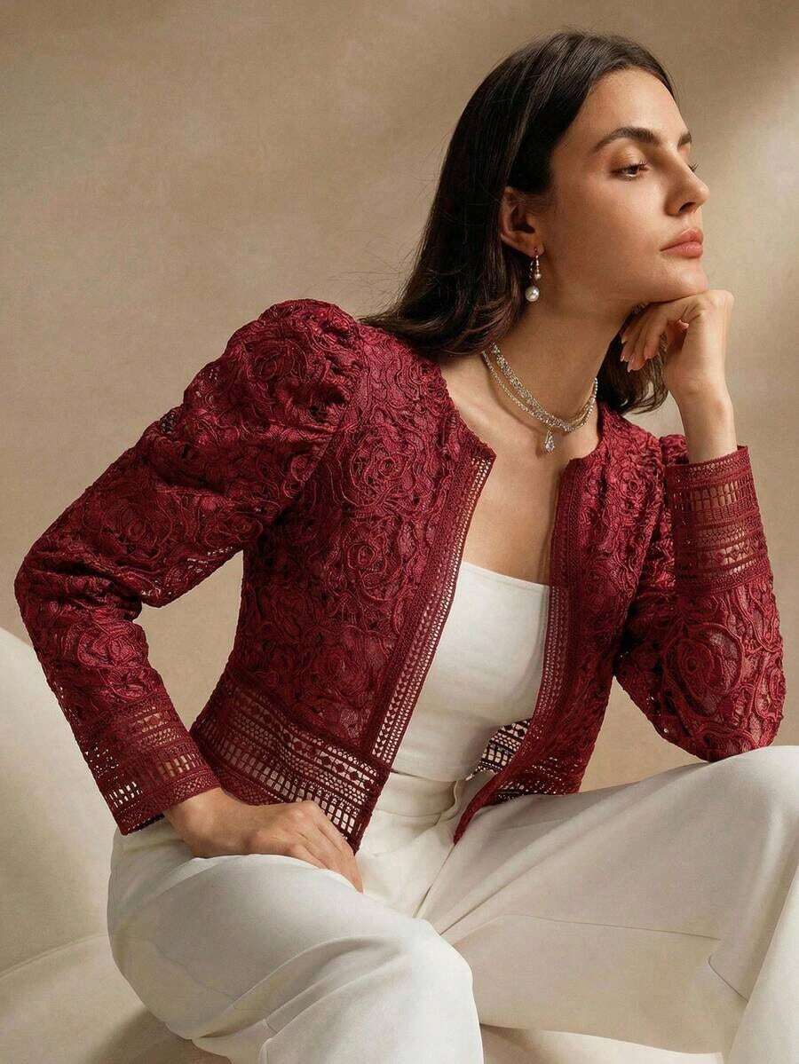 Chaqueta casual de mujer con mangas abullonadas, ribete de encaje floral, cuello redondo, color blanco, adecuada para primavera, vacaciones y tiempo libre - Burdeos - Ver 1