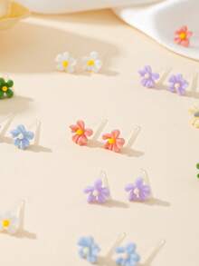 12 pares de pendientes de botón con flores pequeñas de 5 pétalos de colores múltiples con diseño refrescante, adecuados para vacaciones, viajes, regalo de joyería para mujeres - Multicolor - Ver 3