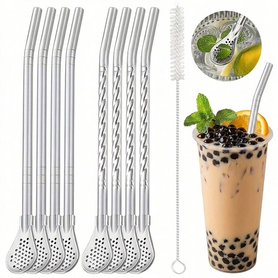 1/3/4 Stücke Edelstahl Strohhalm Löffel mit Bürste, Edelstahl Metall langer Griff Filter Strohhalm Löffel, tragbarer Blumen Tee Getränk Rührstrohhalm, wiederverwendbar, 18,2cm (7,16in) * 2cm (0,78in), geeignet für Saft, Smoothie, Milchtee, Kaffee, Getränk, Cocktail, Buffet, Restaurant, Bankett, Party, Bar, Hochzeitsparty, Geburtstagsparty
