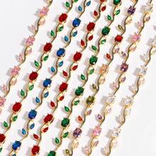 Pulsera de Cristal de Circonio Colorida y Encantadora con Diseño de Hojas y Flores, Lujosa, Chapada en Oro, para Mujeres y Niñas, para Fiestas y Bodas, Regalo de Joyería - Rojo violeta - Ver 5