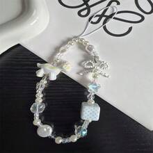 Delicate Iridescent Pony Beaded Phone Lanyard, Decorated With Pearl, Bow, Dice And Star Charms, Soft And Healing Milky White Color Scheme. Handmade Beaded With Fine Texture, Unique Niche Design, Suitable As Phone Strap, Keychain Or Bag Charm, Full Of Girly Vibe, Versatile For Daily Wear, Great For Gifting Or Personal Use - Multicolor - View 4