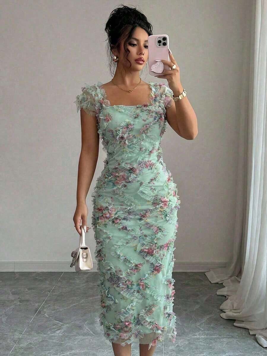 Vestido midi elegante y romántico de mujer con malla impresa y fruncido, adecuado para la temporada de bodas, fiestas, citas, salidas casuales, primavera/verano - Verde Claro - Ver 1