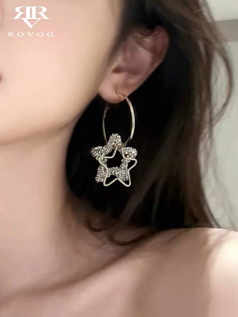 一对精致时尚夸张优雅耀眼星形设计奢华甜美耳环,适合派对和聚会佩戴 - 銀色 - 查看 1