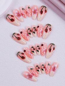 NAIO 24pcs/Set Press On Nails Almond Nail Tips, Y2K Baddie Style, Green And White Color Scheme, A French Pointed Toe, 3D Floral, Ladybug, And Strawberry Patterns, And Is Inlaid With Gold Beads.Suitable For Women And Girls, Party, Daily Wear, Comes With Tool Kit, Great Gift For Ladies Nails - Multicolor - View 2