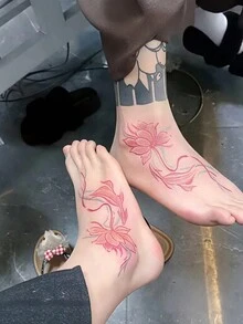 1 Tattoo Sticker - Ink-Blended Powder-Dyed Lotus And Carp Pattern In Traditional Chinese Style. New Type Of Vertical Tattoo Design For Temporary Tattoos. Made Of Washable PVC, Waterproof And Sweat-Resistant. Simulated Tattoo Design With No Reflective Effect. Suitable For Travel, Music Festivals, Games, Graduation Gifts And Daily Use. For 3-5 Days. - Multicolor - View 5