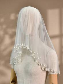 1件仿珍珠流苏新娘头纱，适合婚礼、婚纱摄影配饰、女士单身派对头饰 - 白色 - 查看 5