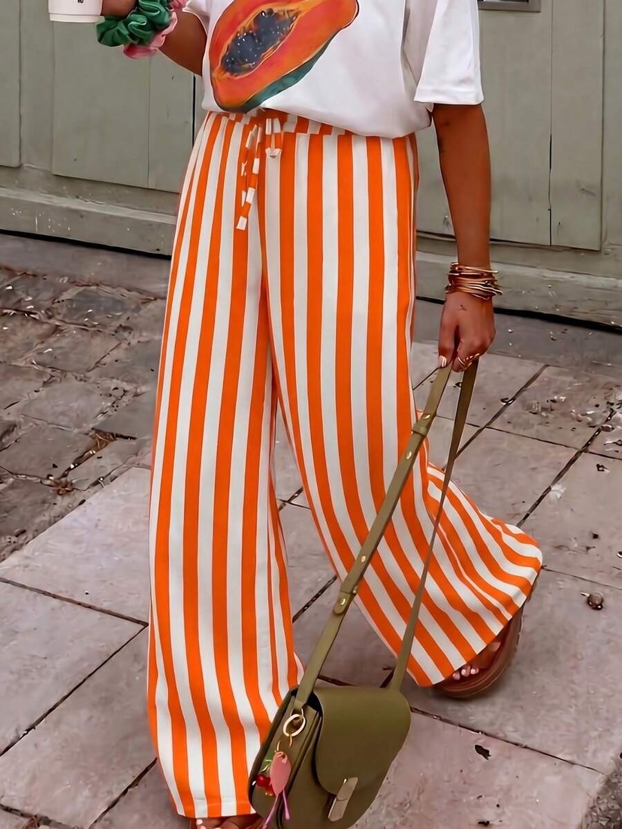 Women's Casual Striped Straight Leg Loose Pants, Suitable For Summer Holiday And Daily Wear Vacation - Orange - View 1