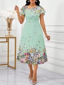 xheSHEIN Lady Vestido midi elegante con estampado floral, mangas asimétricas con volantes para mujerxhe - Verde - Ver 4