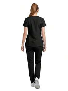 Set de 2 piezas Uniforme de enfermera para mujer, Parte superior + Pantalones con bolsillos, Ropa de trabajo para sala de cirugía, Ropa de trabajo para salón de belleza Primavera - Negro - Ver 3