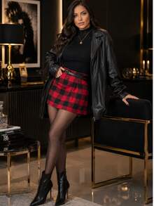Elegance Checkered Skirt CHINE  WITHOUT BELT - Red - View 4