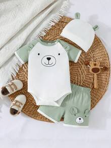 3pcs Baby Outfit Set, Newborn Bear Design Short Sleeve Bodysuit (With Snap Closure Collar) + Shorts + Ear Hat, Suitable For Infant Daily Wear - Mint Green - View 3
