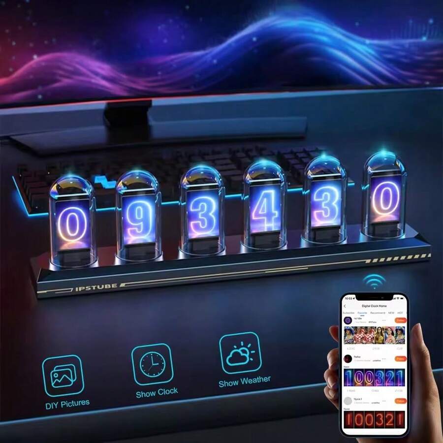 Nixie Tube Clock Night Light, DIY Nixie Tube Clock Kit Simulation, Digital Clock Supports Wi-Fi Time Calibration, 3 Lighting Modes, 12/24 Hour Display IPS Glowing Analog Desktop Clock Decor Gift (RGB)