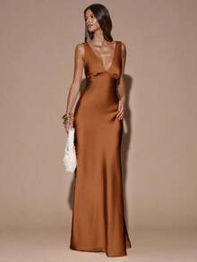 fsvsSHEIN  Vestido de tirantes con escote en V profundo y espalda descubierta, de unicolor amarillo/crema, de estilo minimalista y sexy, adecuado para fiestas, cócteles, ocasiones formales, dama de honor, cumpleaños, Navidad y casual de negociossdvs KE52 - Óxido marrón - Ver 5