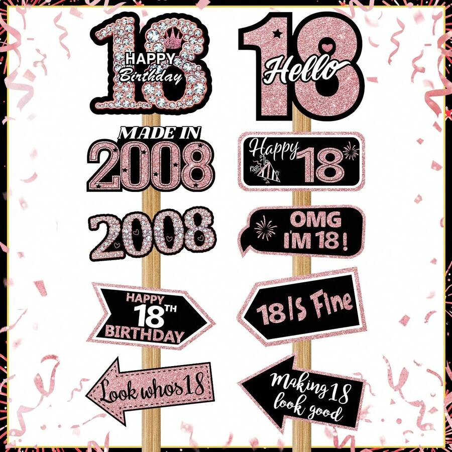 10件組黑色玫瑰金18歲生日派對裝飾套組,趣味標語,適合女孩18歲生日派對,生日週年主題裝飾,生日拍照背景牆飾與居家生日氛圍營造 - 18歲 - 查看 1