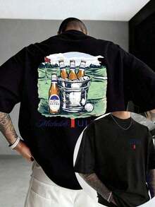 Funny Men's T-Shirt With Double-Sided Digital Print Of Michelob ULTRA Beer Barrels, 100% Cotton, Y2K Summer Sport Style, Sizes S-3XL, Men's T-Shirt With Beer Print For Independence Day. - 黑色 - 查看 1