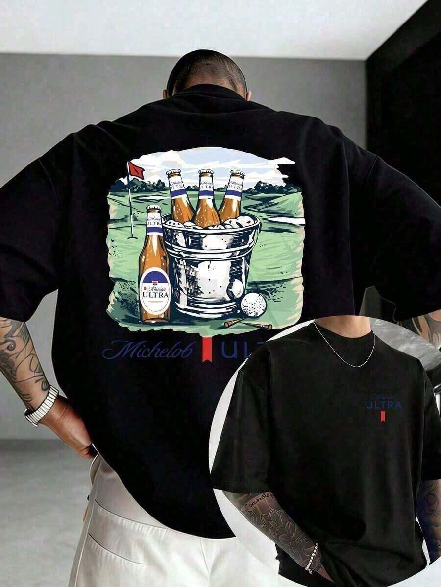 Funny Men's T-Shirt With Double-Sided Digital Print Of Michelob ULTRA Beer Barrels, 100% Cotton, Y2K Summer Sport Style, Sizes S-3XL, Men's T-Shirt With Beer Print For Independence Day. - 黑色 - 查看 1