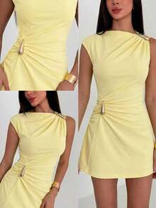 fsvsAloruh Vestido mini con decoración metálica y dobladillo fruncido para mujersdvs 51Q5 - Amarillo claro 3 - Ver 3
