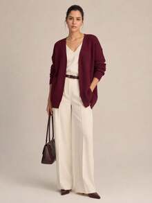 Women's Basic Longline Cardigan With Fang Stitch Knit And Long Sleeves For Autumn/Winter - 紅木色 - 查看 4
