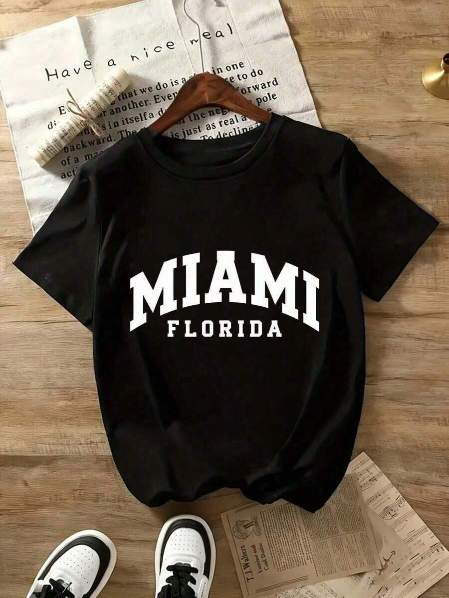 Cotton T-Shirt With Fun Print And Round Neck, Miami Florida, Unisex, Short Sleeve, Black, Casual Style, For Men And Women, Suitable For Sporting Events, Parties, Sports And Other Christmas Gifts, Summer Clothing For Women. - 黑色 - 查看 1