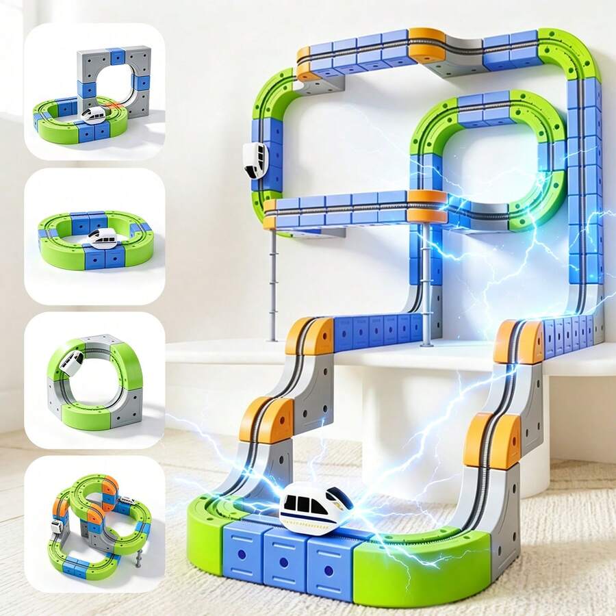Magnetic Building Block Train Track Set - DIY Assembly Rail Toy With Magnetic Tracks, Educational STEM Toy For Kids - Multicolor - View 1