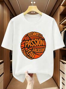 Camiseta de hombre de talla grande 100% con estampado de baloncesto y diseño circular, de manga corta, con la impresión "REENNTE WIN PAION ACRIFANT JEAN CONTANT". Camiseta cómoda y casual de manga corta para el verano.Estampado de letras al estilo minimalista INS / Colección de patrones deportivos con letras de estilo religioso / Diseño holgado y suave al tacto / La opción ideal para regalos - Blanco - Ver 1