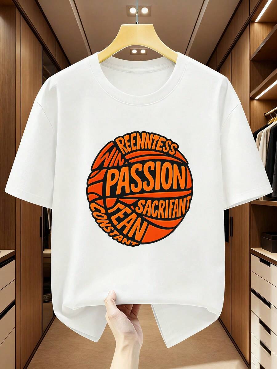 Camiseta de hombre de talla grande 100% con estampado de baloncesto y diseño circular, de manga corta, con la impresión "REENNTE WIN PAION ACRIFANT JEAN CONTANT". Camiseta cómoda y casual de manga corta para el verano.Estampado de letras al estilo minimalista INS / Colección de patrones deportivos con letras de estilo religioso / Diseño holgado y suave al tacto / La opción ideal para regalos - Blanco - Ver 1