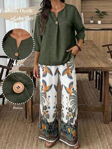 Elouméa Conjunto de 2 piezas de blusa verde militar y pantalón boho de base blanca con estampado verde, manga 3/4, traje casual de primavera y verano - Multicolor - Ver 1