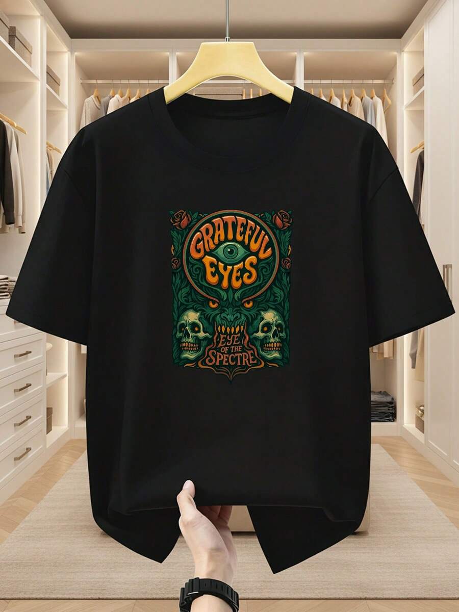 Men's Plus Size T-Shirts, 100% Cotton, With A Grateful Eyes Print, Crew Neck, And Short Sleeves, Featuring A Skull And Mysterious Eye Design-A Unique And Modern Style. Comfortable And Casual T-Shirt For Summer. - 黑色 - 查看 1