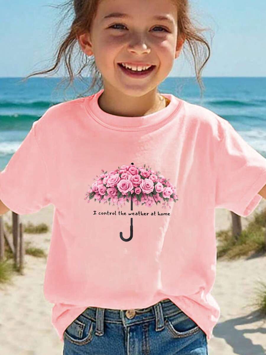 Rosa de Rosas Impreso en Paraguas Camiseta para niña - Rosa - Ver 1