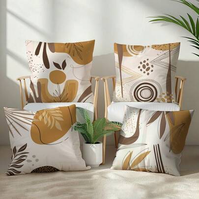 4pcs Neutral Minimalist Bohemian Tropical Plant Pattern Cushion Covers, Single-Sided Soft Peach Velvet Fabric, 45*45CM Pillow Covers For Room Decor, Indoor Sofa Living Room Decoration, Party Decor, Decorative Pillow Gift