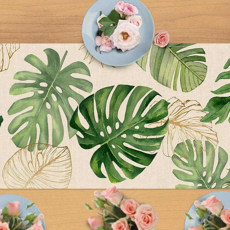 1件熱帶龜背葉桌旗,波希米亞風綠色與金色植物印花桌旗,適用於室內外用餐、廚房、客廳、露台派對 - 彩色 - 查看 1
