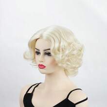 Women's Short Platinum Blonde Wavy Curly Wig, Synthetic Fiber Vintage Hairpiece, Suitable For Halloween Party, Cosplay, Costume Wear, Includes 1 Wig Cap - Gold - View 6