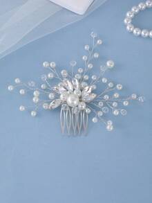 Peine para el cabello con adornos de perlas refinados, accesorio sofisticado para bodas de destino y eventos sociales de alto nivel - Plateado - Ver 3