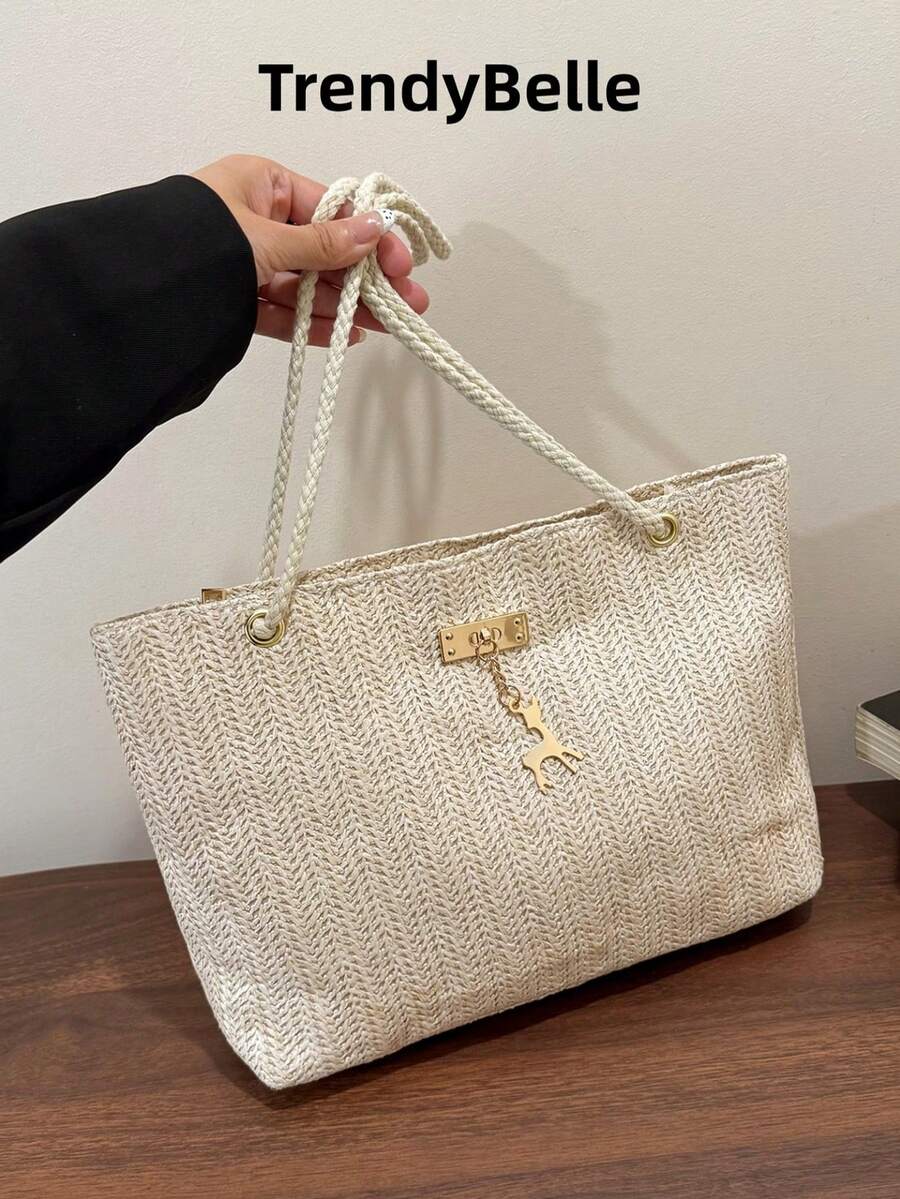 1pc Polyester Deer Pattern Large Capacity Zipper Fashionable Women's Shoulder Tote Bag, Suitable For Daily Use
