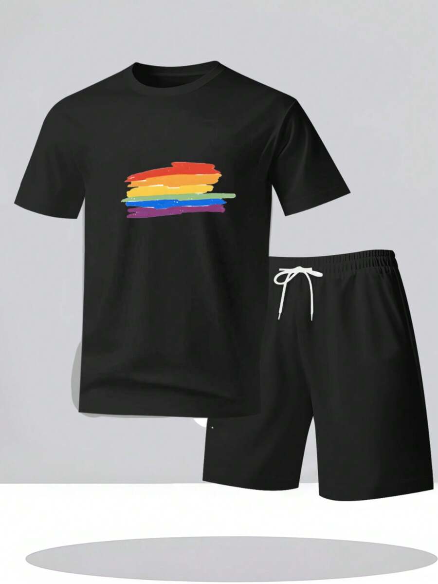 HSHCJ New Men's And Youth Short Sleeve T-Shirt And Shorts Set, European And American Style, With A Modern Summer Style Including A Round Neck T-Shirt And Shorts - màu đen - Xem 1