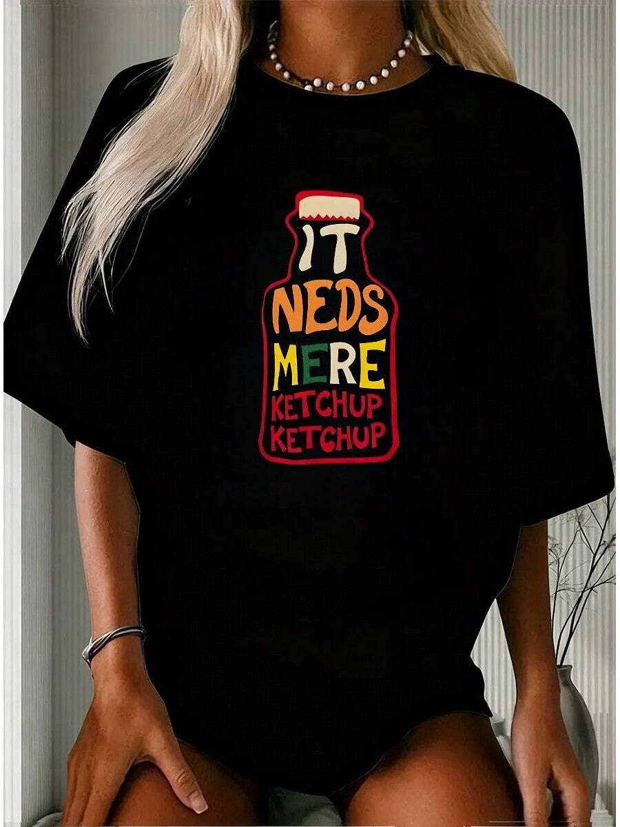 Oversized T-Shirt With Vintage Bottle Lettering - 黑色 - 查看 1
