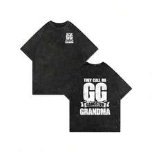 1 Black Cotton T-Shirt With "They Call Me GG Gangster Grandma" Print, Combed Design, Short Sleeves, Round Neck, Casual Fit For Women, Perfect Gift For Grandmothers, Humorous Clothing. | Funny Design T-Shirt | Cotton Fabric, Fun - 灰色 - 查看 5
