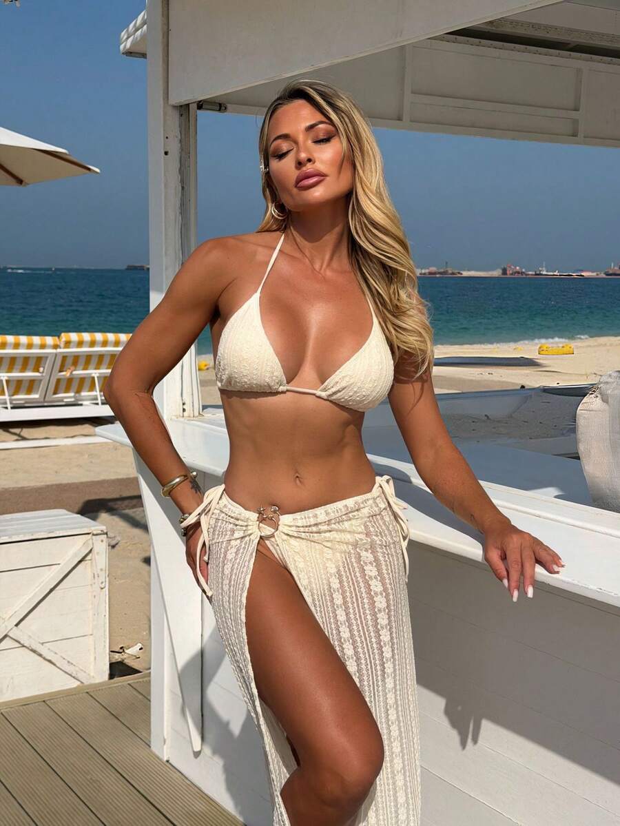 2026 Bikini Lace Mesh Skirt Three-Piece Set Sexy Halter Neck Tie Vacation Swimsuit