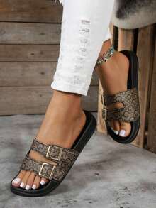 Fashionable Soft Comfortable Minimalist Versatile Chain Decor Women's Slide Sandals, Indoor/Outdoor Casual Flat Slippers - 棕色 3 - 查看 6