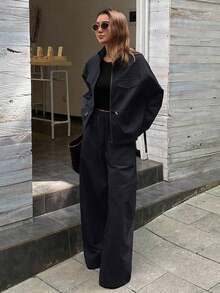 Conjunto de 2 piezas de top holgado con cuello alto y cintura ceñida y pantalones casuales, conjunto de ropa de estar en casa para mujer en otoño/invierno - Azul marino - Ver 4
