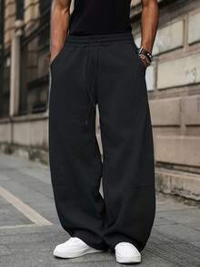 1 Piece Men's Loose Wide Leg Pants, Drawstring Waistband Design Solid Color Loose Sports Pants, 2026 High-End Casual Sports Pants, Comfortable Fiber Fabric, Suitable For Daily Wear And Outdoor Activities. Suitable For All Seasons Pants For Men - màu đen - Xem 2