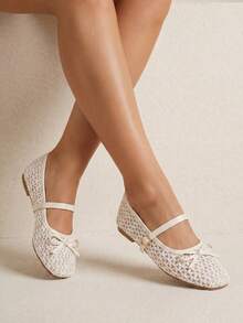 Women's Fashionable Elegant Mesh Bow Decor Adjustable Slip-On Square Toe Flat Mary Jane Shoes, Beige - Beige - View 3