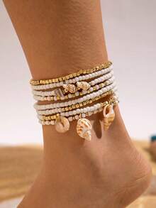 imoli 8pcs/Set Bohemian Vacation Style Resin Handmade Beaded Multi-Layer Stacked Pendant Seashell Anklet Set, Perfect Gift For Women To Wear At Music Festivals, Beach Parties, And Gatherings - 27934-gwhite - View 3