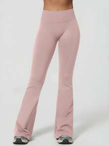 NcmRyu 1 pieza Pantalones deportivos de cintura alta, unicolor, sin costuras, minimalistas, con elástico y efecto levantador de glúteos, de campana, color negro, para primavera - Gris Claro - Ver 8