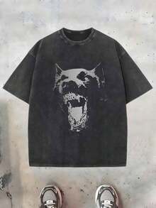 1 Women's And Men's Urban Style T-Shirt With Fierce Dog Head Print, 230g, Pure Washed Cotton, Water Wash Retro Graphic T-Shirt, Urban Style, 180g, 100% Cotton. - 黑色 - 查看 9