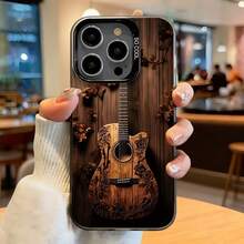 Única y elegante, lujosa funda para teléfono con diseño artístico de guitarra tallada en madera, con orificios grandes, anticaída y antideslizante, para iPhone 17/16/15/14/13/12/11/Plus/Pro/Max/Air/Mini/16E. Ligera y lujosa, duradera, con un diseño claro y colorido, es el regalo perfecto para el Día de San Valentín, cumpleaños, para tu novia o novio. - Negro - Ver 2